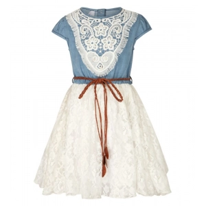 Generic Girl's Denim Embroidery Short Sleeve Round Neck Dress (White)