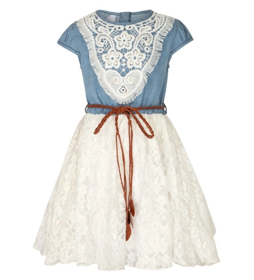 Girl's Denim Embroidery Short Sleeve Round Neck Dress (White)