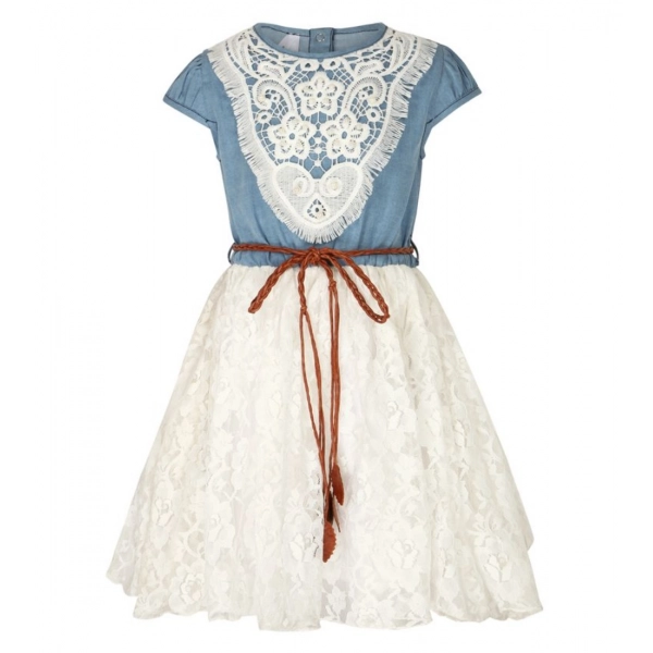 Dropship Girl's Denim Embroidery Short Sleeve Round Neck Dress (White)