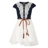 Dropship Girl's Denim Embroidery Short Sleeve Round Neck Dress (White)