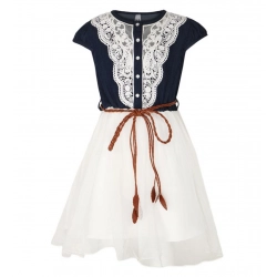Girl's Denim Embroidery Short Sleeve Round Neck Dress (White)