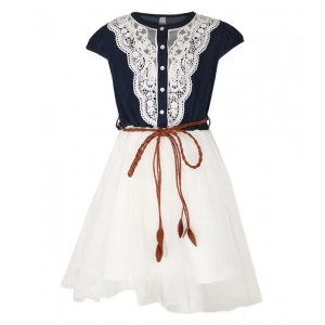 Generic Girl's Denim Embroidery Short Sleeve Round Neck Dress (White)