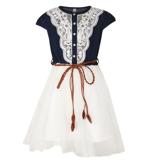 Girl's Denim Embroidery Short Sleeve Round Neck Dress (White)