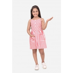 Girl's Polyester Cotton Blend Striped Sleeveless Round Neck Dress (Pink)