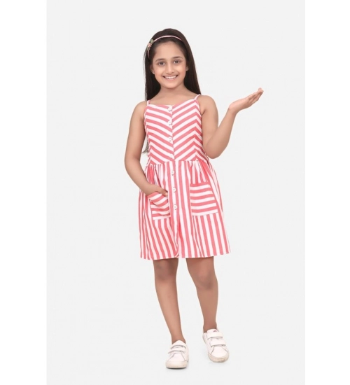 Girl's Polyester Cotton Blend Striped Sleeveless Round Neck Dress (Pink)