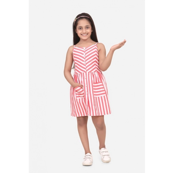 Dropship Girl's Polyester Cotton Blend Striped Sleeveless Round Neck Dress (Pink)