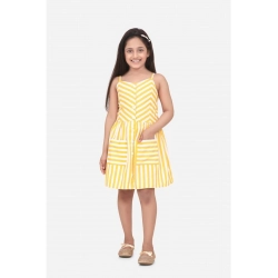 Girl's Polyester Cotton Blend Striped Sleeveless Round Neck Dress (Yellow)