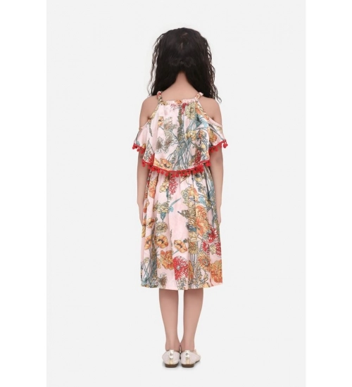 Girl's Satin Floral Printed Cold Shoulder Round Neck Dress (Peach)