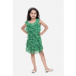 Girl's Chiffon Ruffled Sleeveless Round Neck Dress (Green)
