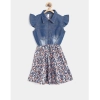 Dropship Girl's Denim-Cotton Striped Flutter Shirt Collar Dress (Multicolor)