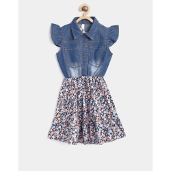 Girl's Denim-Cotton Striped Flutter Shirt Collar Dress (Multicolor)