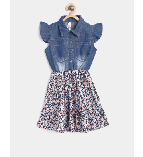 Girl's Denim-Cotton Striped Flutter Shirt Collar Dress (Multicolor)