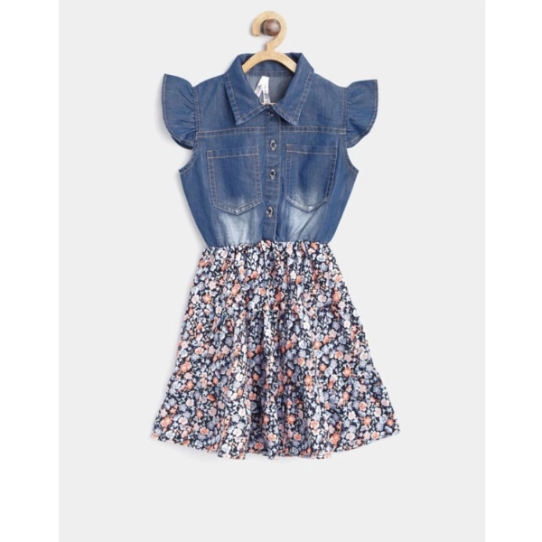 Dropship Girl's Denim-Cotton Striped Flutter Shirt Collar Dress (Multicolor)