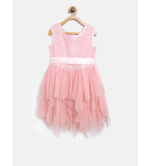 Girl's Polyester  Net Embroidered Sleeveless Round Neck Dress (Peach)
