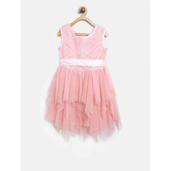 Dropship Girl's Polyester  Net Embroidered Sleeveless Round Neck Dress (Peach)