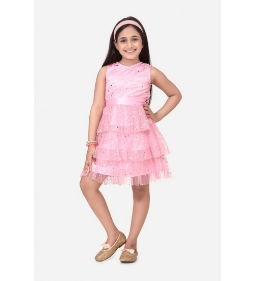 Girl's Net Embellished Sleeveless Round Neck Dress (Pink)