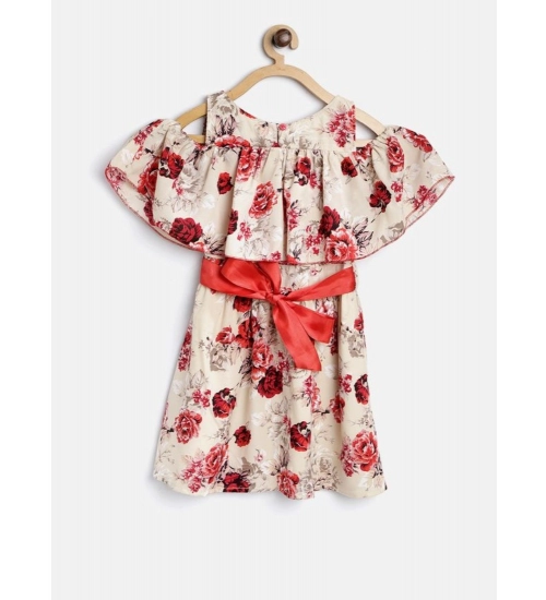 Girl's Polyester Crepe Printed Short Sleeve Cold Shoulder Neck Dress (Cream-Red)