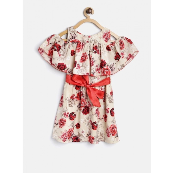 Dropship Girl's Polyester Crepe Printed Short Sleeve Cold Shoulder Neck Dress (Cream-Red)