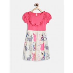 Girl's Cotton Printed Short Sleeve Round Neck Dress (Pink-White)