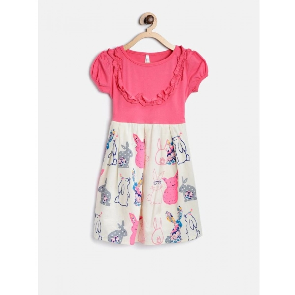 Dropship Girl's Cotton Printed Short Sleeve Round Neck Dress (Pink-White)