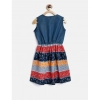 Dropship Girl's Denim-Cotton Floral Printed Sleeveless Round Neck Dress (Multicolor)