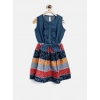 Dropship Girl's Denim-Cotton Floral Printed Sleeveless Round Neck Dress (Multicolor)