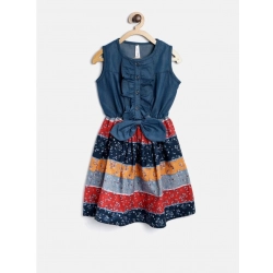 Girl's Denim-Cotton Floral Printed Sleeveless Round Neck Dress (Multicolor)