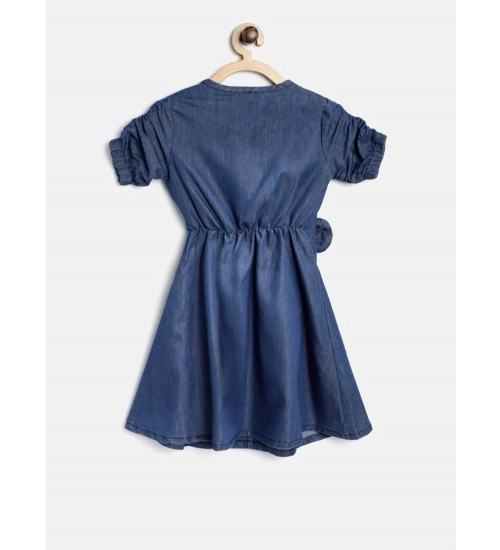 Girl's Denim Striped Sleeveless Round Neck Dress (Blue)