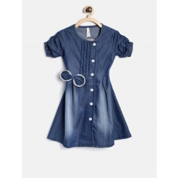 Girl's Denim Striped Sleeveless Round Neck Dress (Blue)