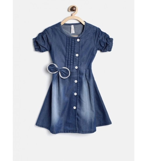 Girl's Denim Striped Sleeveless Round Neck Dress (Blue)