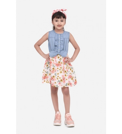 Girl's Denim-Cotton Floral Printed Sleeveless Round Neck Dress (Multicolor)