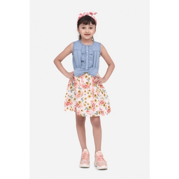 Dropship Girl's Denim-Cotton Floral Printed Sleeveless Round Neck Dress (Multicolor)