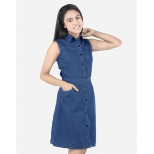 Generic Girl's Denim Solid Sleeveless Shirt collar Dress (Blue)