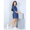 Dropship Girl's Denim Solid Long Sleeve Shirt collar Dress (Blue)