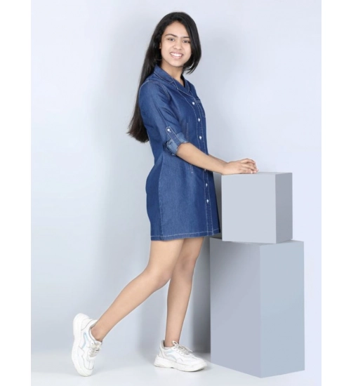 Girl's Denim Solid Long Sleeve Shirt collar Dress (Blue)
