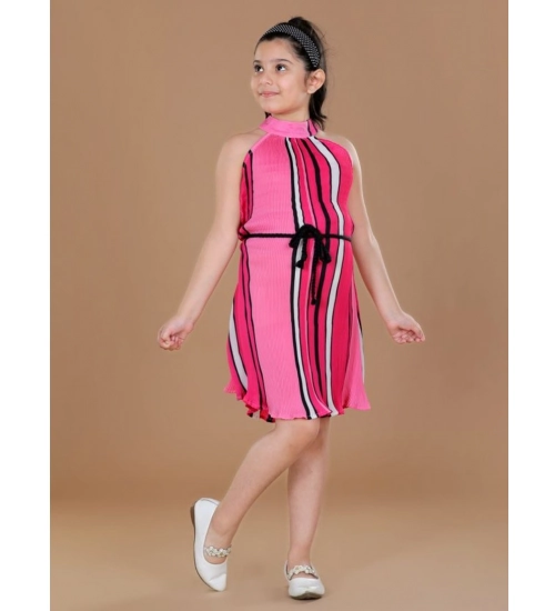 Girl's Polyester Crepe Printed Sleeveless Round Neck Dress (Pink)