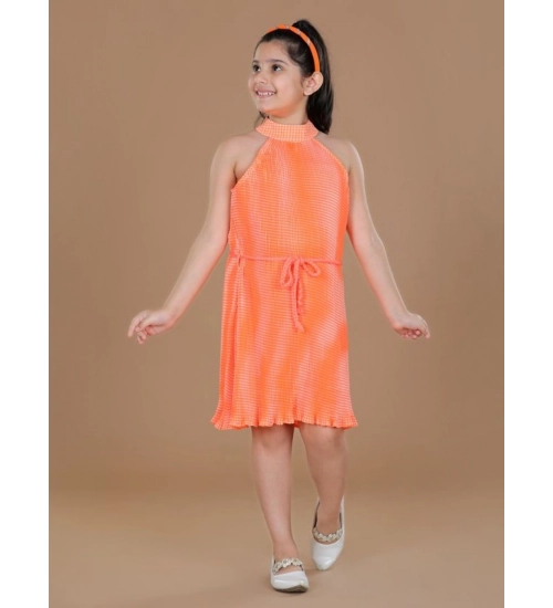 Girl's Polyester Crepe Printed Sleeveless Round Neck Dress (Orange)