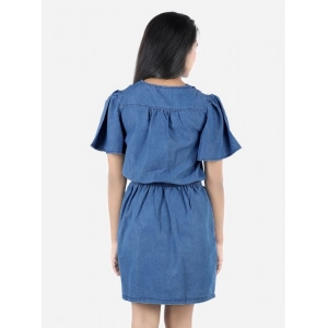 Generic Girl's Denim Solid Short Sleeve V-Neck Dress (Blue)