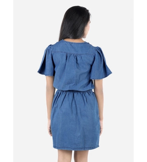 Girl's Denim Solid Short Sleeve V-Neck Dress (Blue)