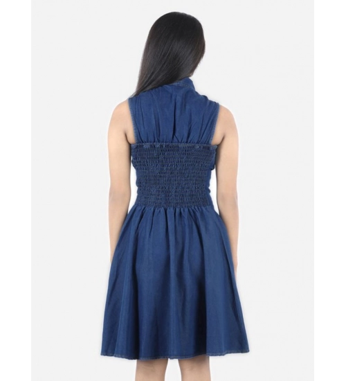 Girl's Denim Solid Sleeveless Shirt collar Dress (Blue)