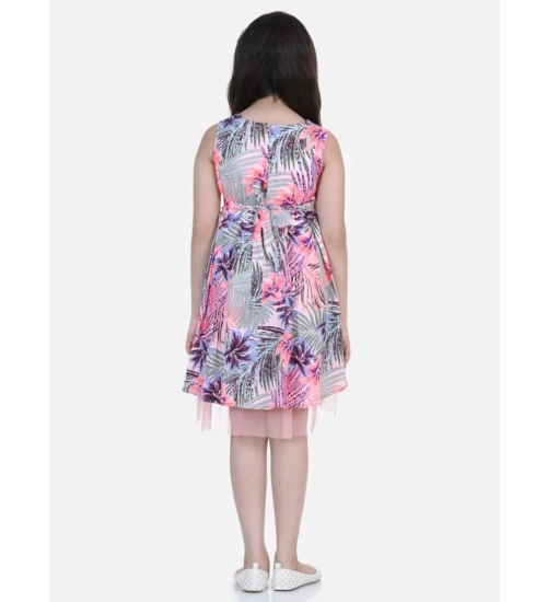 Girl's Polyester Crepe  Net Printed Sleeveless Round Neck Dress (Pink-Blue)
