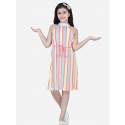 Girl's Polyester Crepe Striped Sleeveless Round Neck Dress (Multicolor)