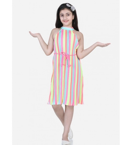 Girl's Polyester Crepe Striped Sleeveless Round Neck Dress (Multicolor)