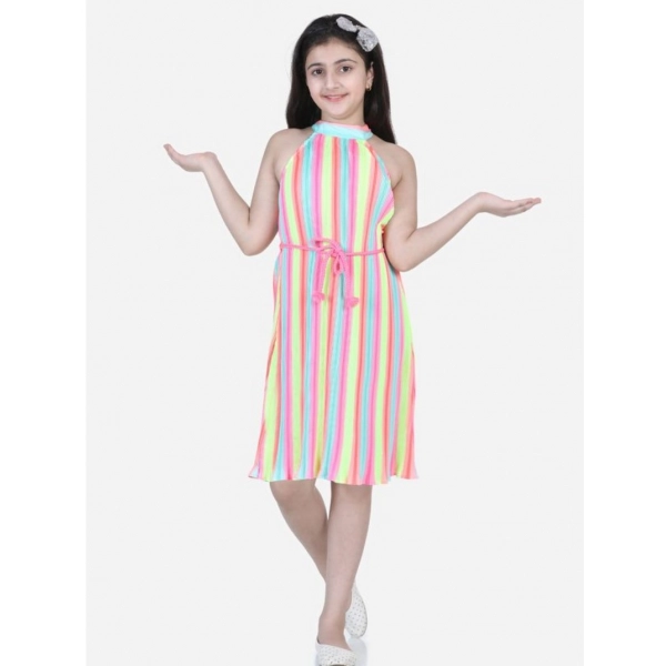 Dropship Girl's Polyester Crepe Striped Sleeveless Round Neck Dress (Multicolor)