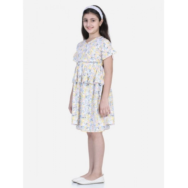 Dropship Girl's Rayon Floral Printed Short Sleeve V-Neck Dress (Multicolor)