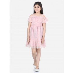 Girl's Polyester Net Embellished Short Sleeve Shoulder Straps Dress (Pink)