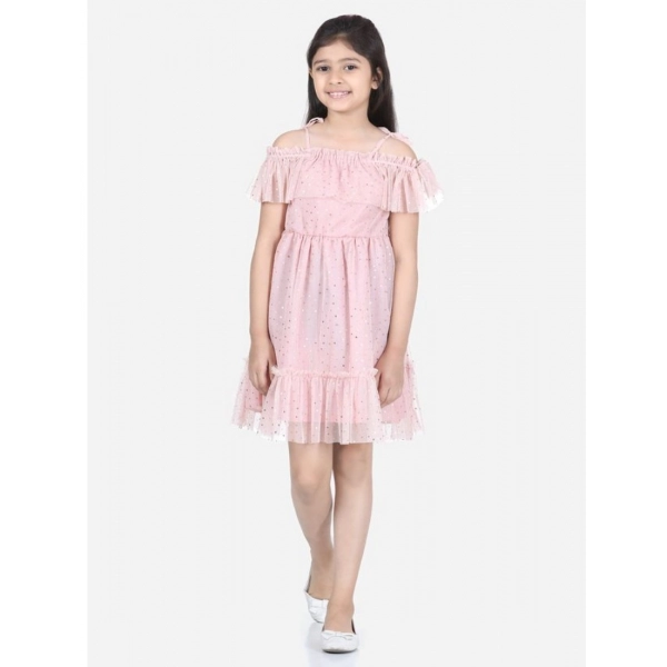 Dropship Girl's Polyester Net Embellished Short Sleeve Shoulder Straps Dress (Pink)