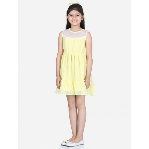 Dropship Girl's Polyester Dobby Floral Printed Sleeveless Round Neck Dress (Yellow)