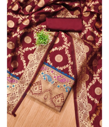 Women's Banarasi Silk Printed Unstitched Salwar Suit Material With Dupatta (Maroon, 3Mtrs)