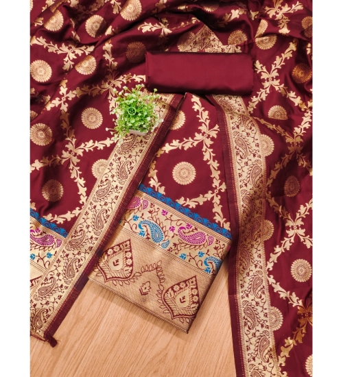 Women's Banarasi Silk Printed Unstitched Salwar Suit Material With Dupatta (Maroon, 3Mtrs)